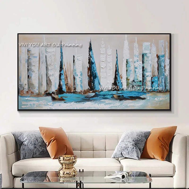 

100% Handmade Painting On Canvas Wall Decoration blue Club Sailboat Seascape Hand Painted Abstract Paintings For Interior