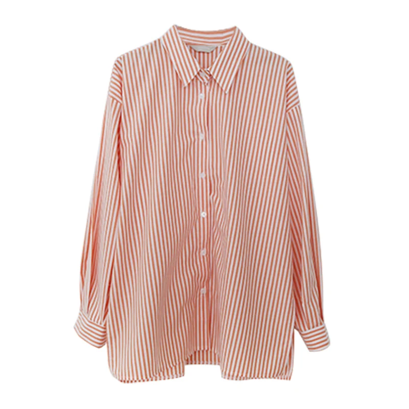 Spring Casual All Match Loose Turn Down Collar Striped Full Shirt Blouse Women Z031