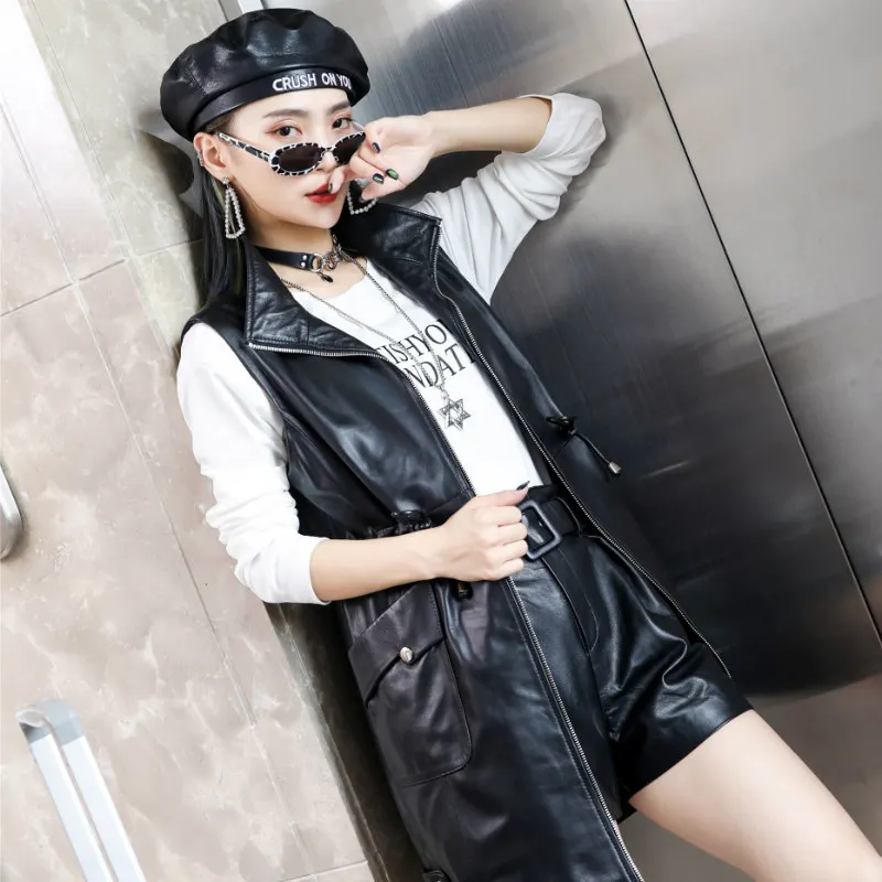 Mid-Length Waistcoat Women Autumn Genuine Leather Lapel Zipper Pockets Drawstring Female Sheepskin Vest Black Sleeveless Jacket