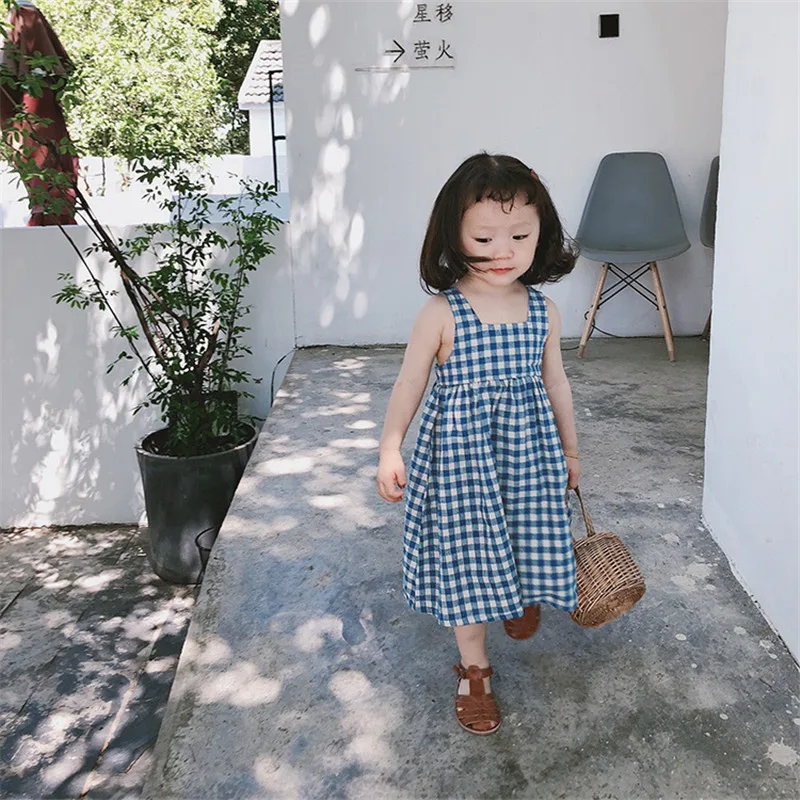 korean style Cotton Linen Baby Girls Princess Dress 2024 Summer New Plaid Sleeveless Clothes Kids Casual Dresses