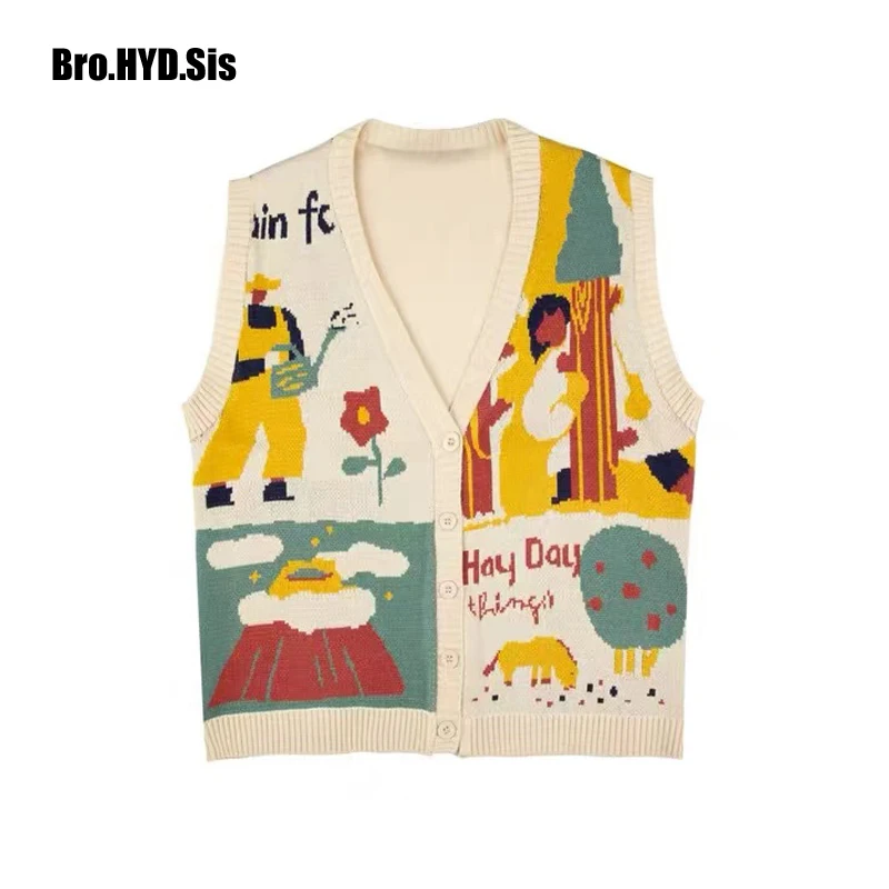 Women Buttons Vest 2023 Fashion Knitted Cartoon Jacquard Sweater Loose Vintage Waistcoat Chic Oversize Tops Girls Clothes Outfit