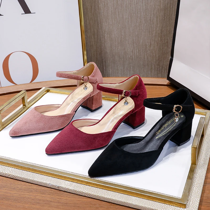 

Туфли BaoYaFang женские на толстом каблуке 5 см, заостренный носок, ремешок на щиколотке, вечерние туфли-лодочки, на шнуровке, с пряжкой, черные, на лето