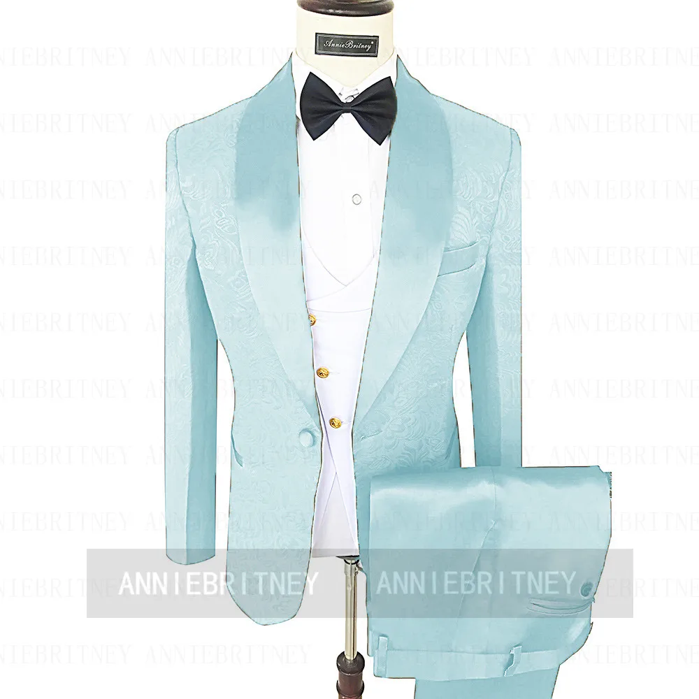 

Tailored Made Sky Blue Suit Men Slim Fit Performance Jacquard Blazer Shiny Satin Vest Pants 3 Piece Fashion Groom Wedding Tuxedo