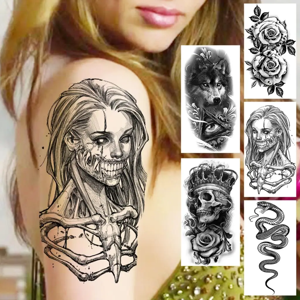 

Pencil Sketch Skull Temporary Tattoos For Women Men Realistic Wolf Snake Dahlia Crown Fake Tattoo Sticker Sexy Arm Tatoos