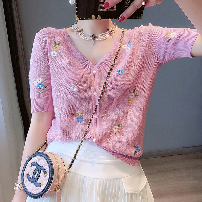 Floral Embroidery Thin Knitted Cardigans Sweaters Summer Women Korean Fashion V-neck Short Sleeve Single-breasted Ice Silk Tops