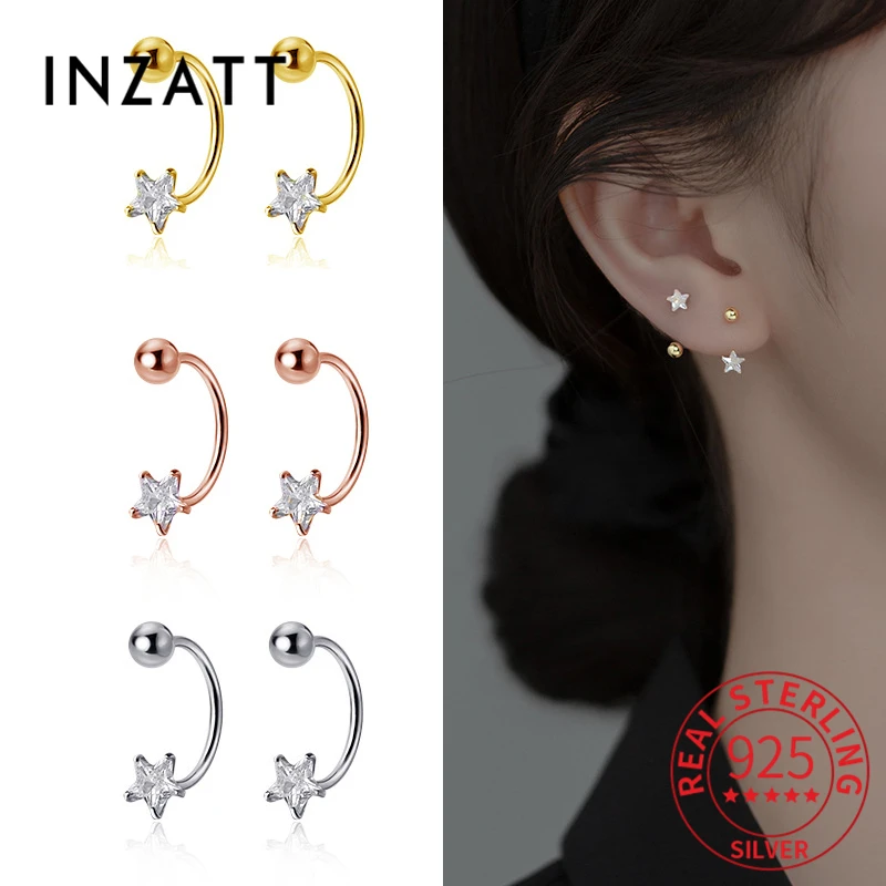 INZATT Real 925 Sterling Silver Zircon Star Screw Bead 14K Stud Earrings For Women Fine Jewelry Cute Accessories Drop Shipping