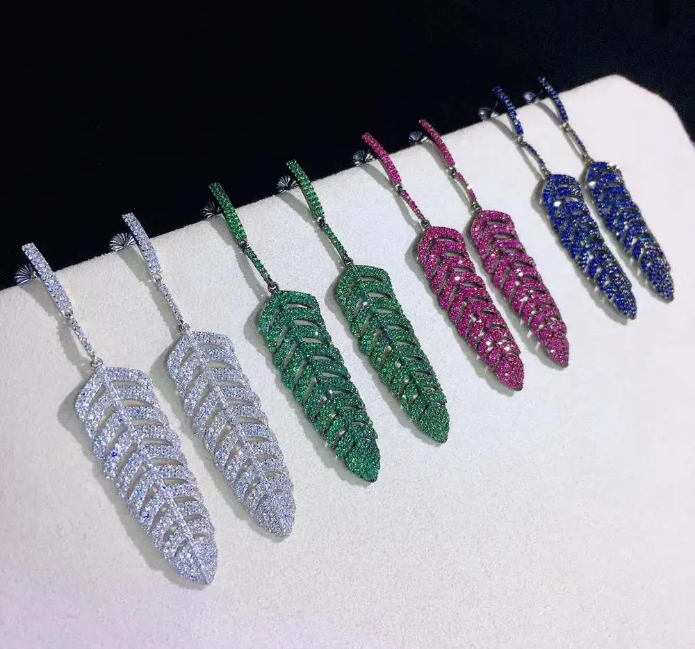 925 sterling silver with cubic zircon feather drop earring leaf  white green red blue color fine women jewelry for party