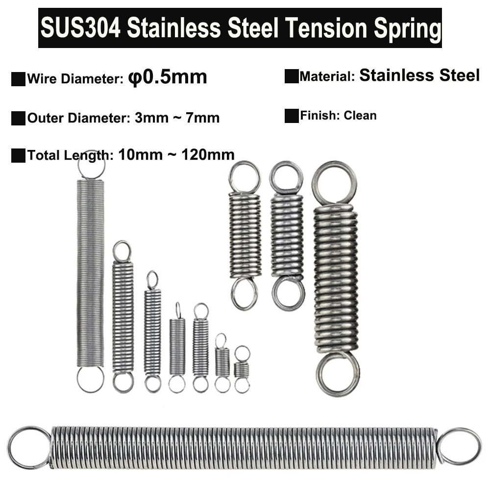 

10/5/3/2Pcs Wire Diameter 0.5mm, OD3mm~7mm SUS304 Stainless Steel Tension Spring Hook Cylindroid Helical Pullback Extension Coil