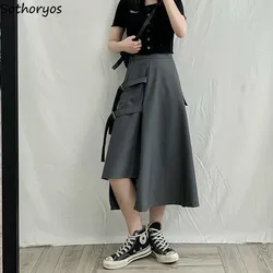Skirts Women Asymmetric Cargo Pocket Lace-up Trendy Mid-calf Skirt Loose High Waist Cool Girls Street-Style Stylish Leisure Chic