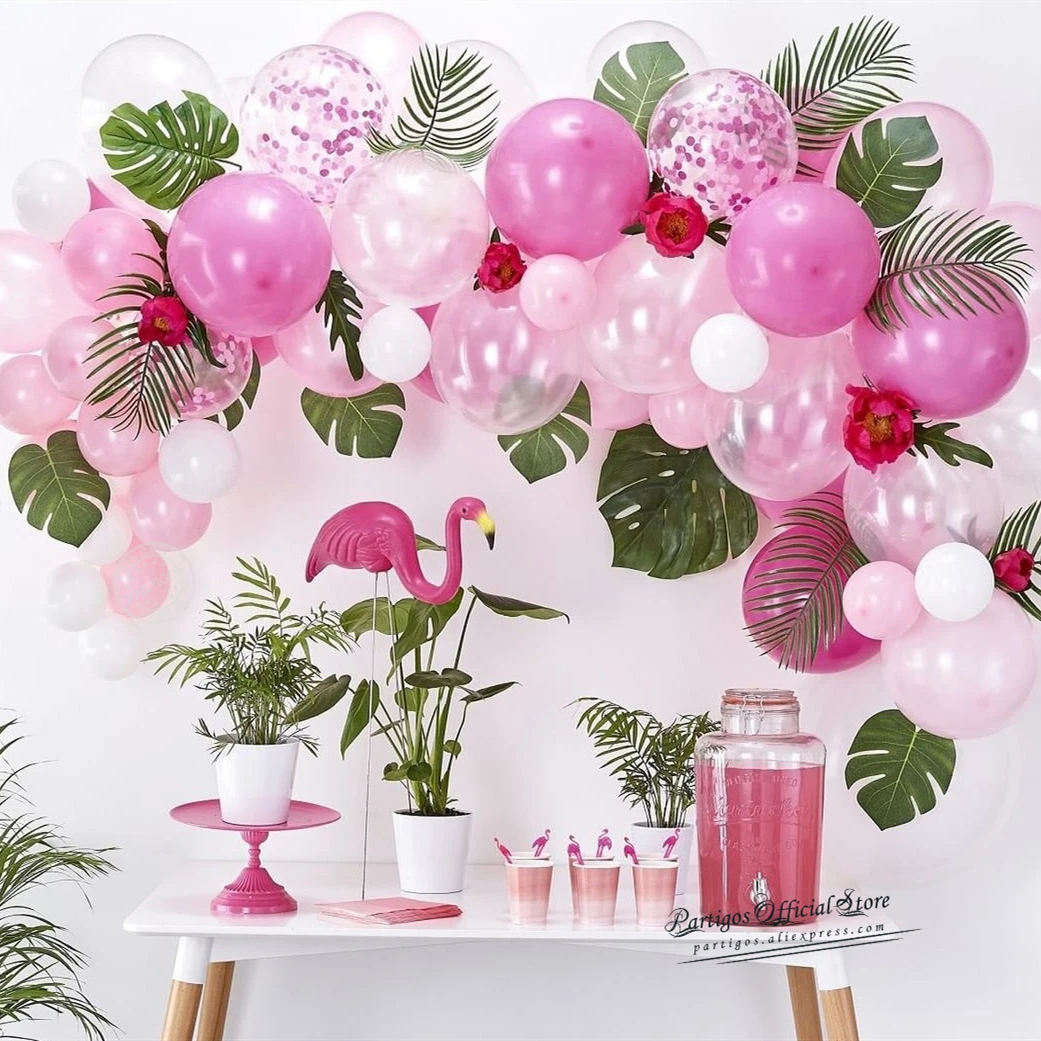 

Mix Pink Flamingo Balloons Chain DIY Tropical Hawaii Island Theme Globos Garland Monstera Leaves Birthday Party New Year Decor