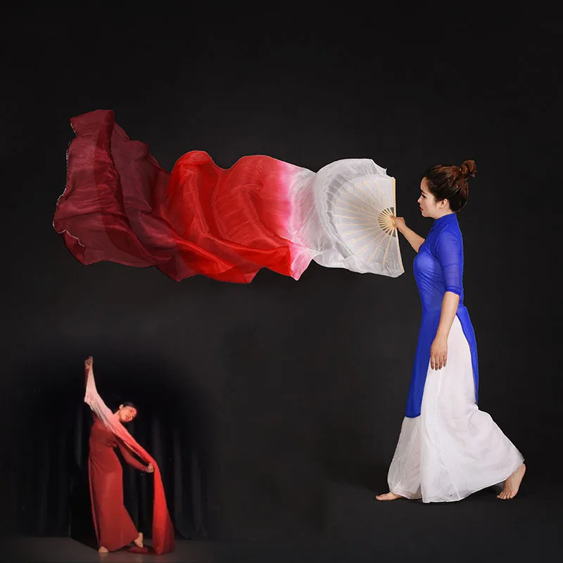 2pcs 1.8m=6ft Belly Dance real Silk Fan Veils 5mm Silk Flowy Gradient color Stage Performance Props Fans White-Red-Burgundy