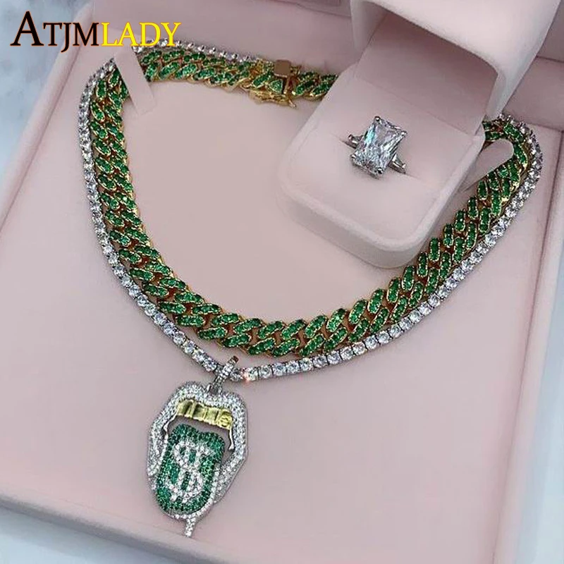 

14mm iced out bling cz girl women jewelry hip hop Miami cuban link chain green color cubic zirconia choker necklace