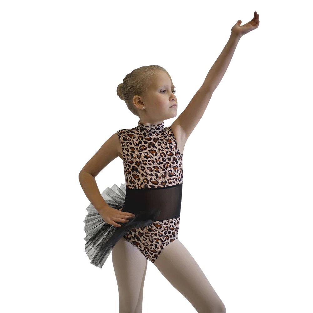 Children Jazz Dance Costume Leopard Print Lycra Stretchy Bodice with Mesh Insert Stiffy Tulle Skirt at Side