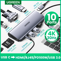 UGREEN USB C HUB 10-in-1 Type C to HDMI 4K USB3.0 VGA PD100W SD&TF 3.5mm USB Splitter for Laptop MacBook iPad Docking Station