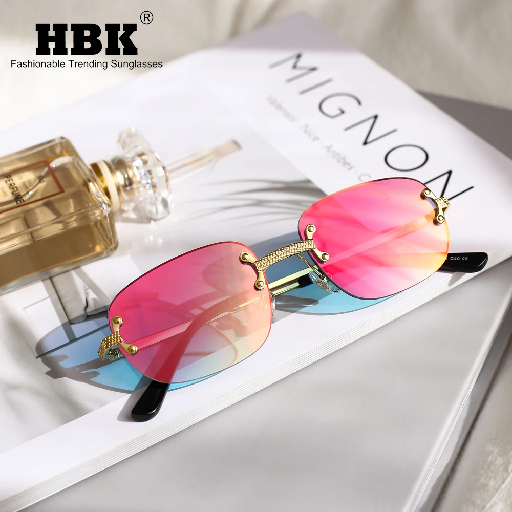 HBK Rectangle Rimless Sunglasses Women Ladies Luxury Brand Designer Sun Glasses Small Frameless Mirror Alloy Shades Pink Brown