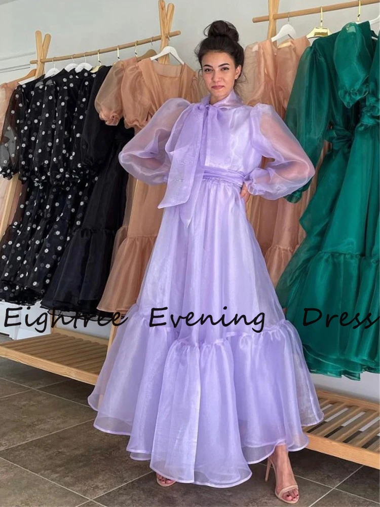 Light Purple Long Sleeves A Line Evening Dresses High Neck Simple Pleated Prom Party Dress 2024 Formal Gowns Vestidos de festa