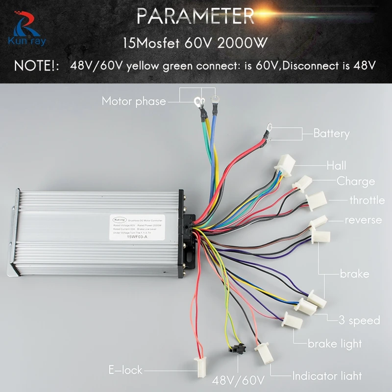 KUNRAY Electric Brushless Motor Speed Controller for E-Scooter, Reverse Function, 48V, 2000W, 33A, 15 Mosfet