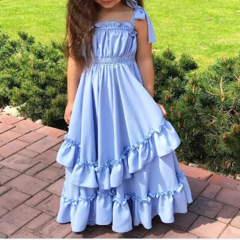 Robe de princesse à fleurs pour filles, tenue de mariage, de fête d'anniversaire, Simple, avec nœud bleu ciel