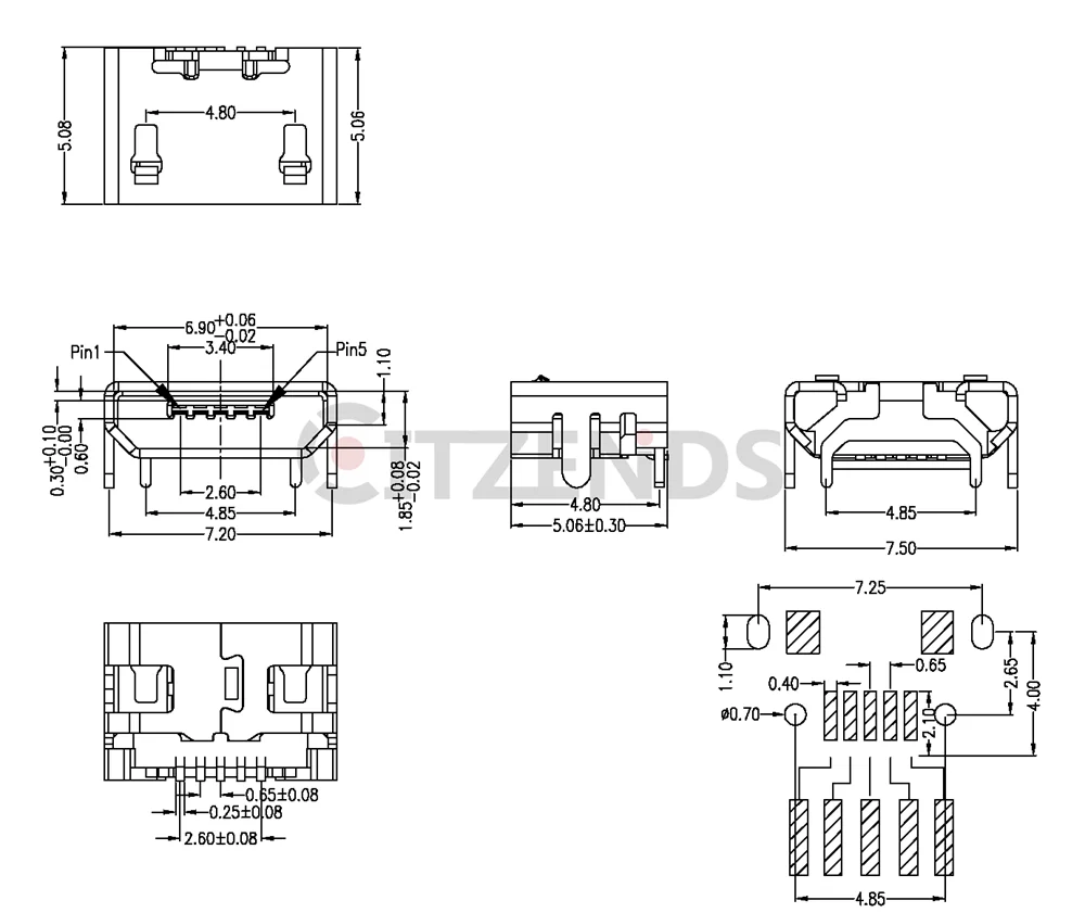 50Pcs Micro USB 5pin No Side Ox horn Female Usb Socket Flat Mouth Four Legs Socket Mini Usb Connector Free shipping