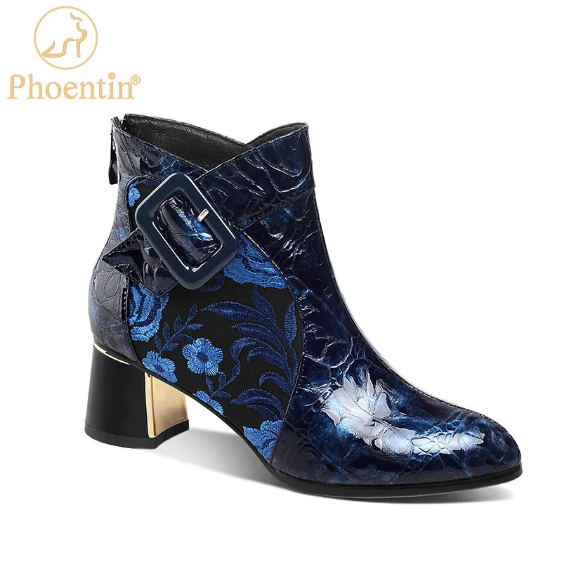 Phoentin Embroider Boot Women Genuine Leather Ankle Boots Winter New Back Zipper High Heels Party Basic Shoes FT1222