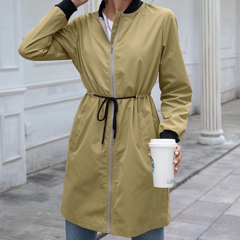 Women Outdoor Dust Coat Streetwear Slant Pocket Drawstring Waterproof Mid-length Trench Autumn Long Sleeve Stand Collar Cardigan