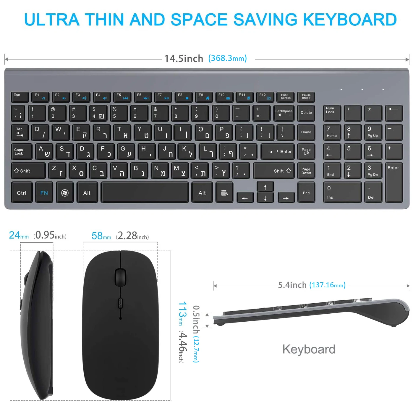 Israel Hebrew Wireless Keyboard Mouse Combos Ultra-Thin Multimedia Full-Size Keyboard and Mouse Low Noise for Notebook Laptop