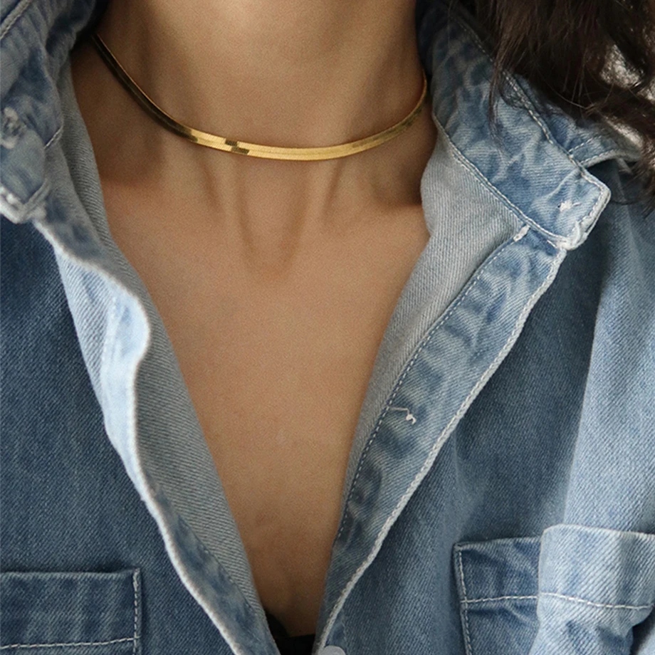 Punk Clavicle Flat Blade Snake Link Choker Necklace Gold Silver Color Stainless Steel Neck Chains For Women Jewelry Chocker 2023