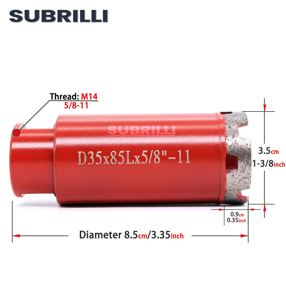 SUBRILLI 35mm Diamond Core Drilling Bit Crown Segment Hole Saw Cutter For Granite Marble Stone Concrete Tile Arbor M14 5/8-11