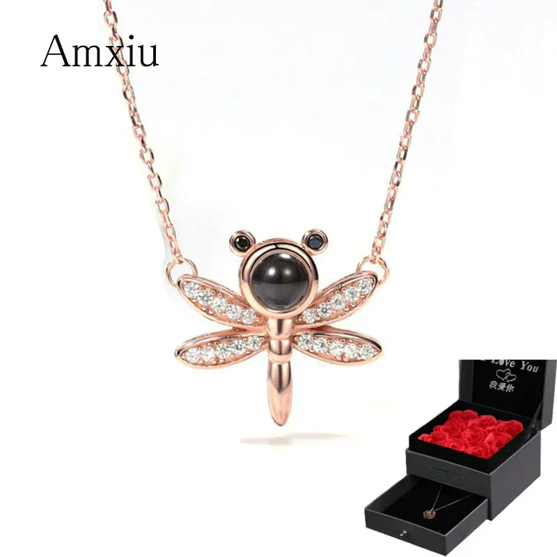 Amxiu 925 Silver Choker Necklace 100 languages I love you Projection Necklace Small Dragonfly Necklace Zircons Jewelry For Girls