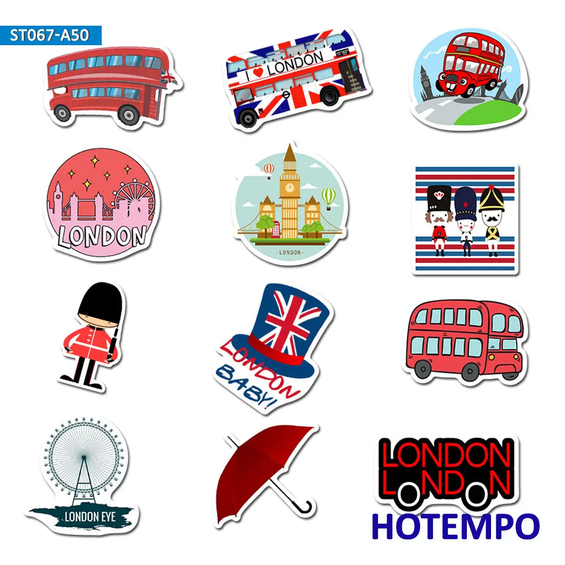 50pcs Red London Cultural Landmark Travel Style Cartoon Decal Stickers Pack for KIds DIY Stationery Phone Laptop Luggage Sticker