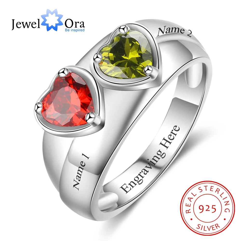 Personalized Heart Birthstone Engrave Texts Promise Rings 925 Sterling Silver Jewelry Gift For Her (JewelOra RI103262)