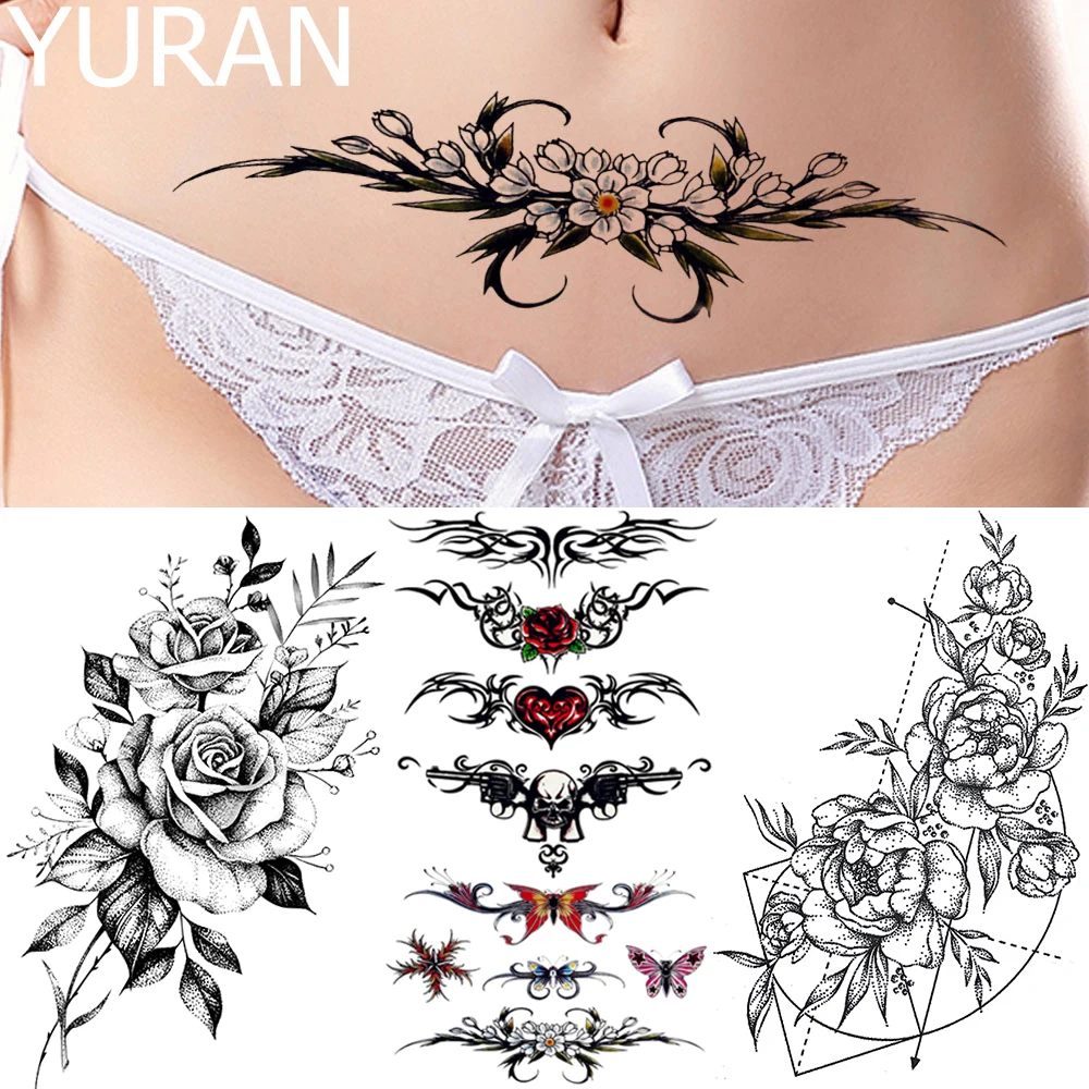 YURAN Black Tulip Totem Tattoos Stickers Women Body Waist Arm Art Bracelet Tattoos Temporary Girls Butterfly Tatoos Rose Chains