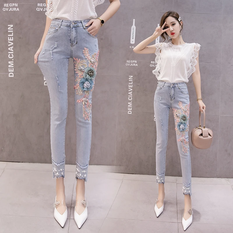 Women Skinny Pencil Pants 2022 Summer 3D Flower Embroidery Pearl Beading High Waist Elastic Denim Jeans Long Trousers Light Blue