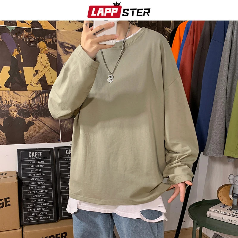 LAPPSTER Men Graphic Oversized T Shirt 2023 Mens Harajuku 10 Colors Solid Long Sleeve Tshirts Korean Fashion Black Tops Tees 5XL