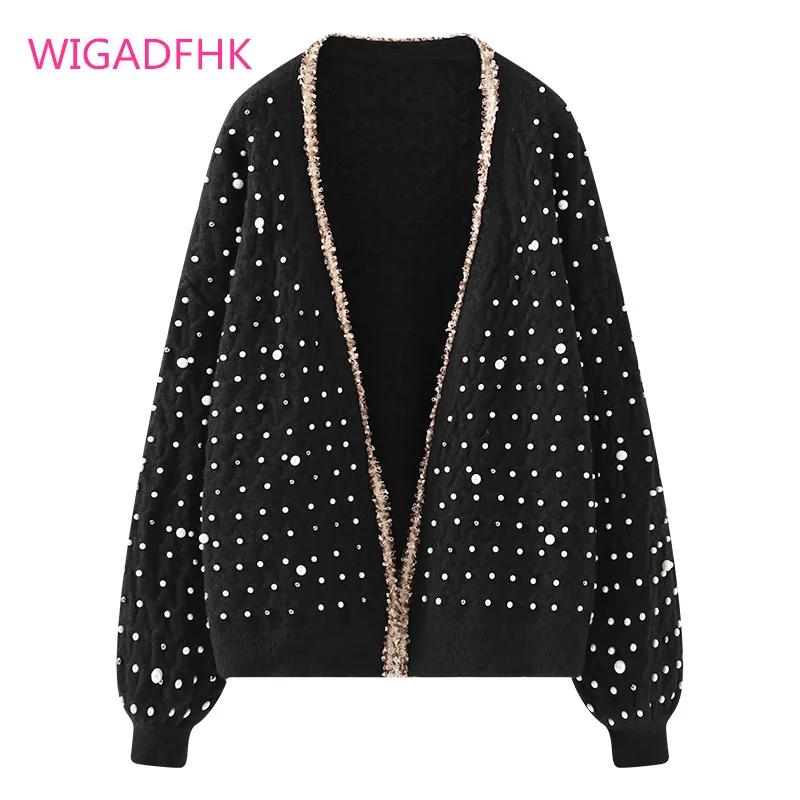 High Quality Pearls Beading Sweater Women Bling V neck Slim Jumper Shiny Lurex Open Stitch Korea Thick Sweaters Cardigan Female