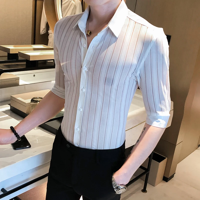 Black White Solid Business Casual Button Down Sexy See Through Slim Fit Shirt Camisa Masculina 2020 Transparent Stripe Shirt Men