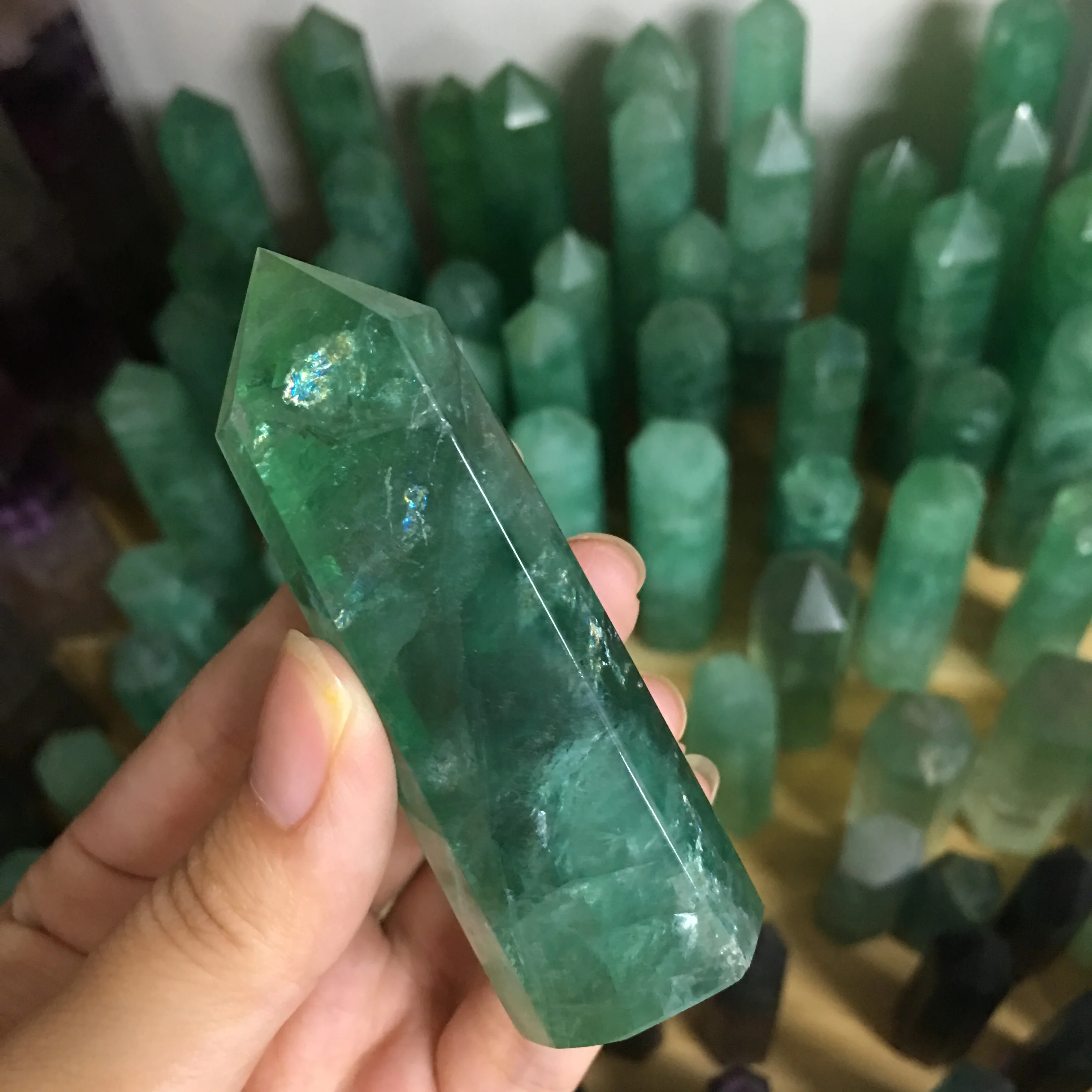 Natural Green fluorite obelisk quartz crystal wand point for healing