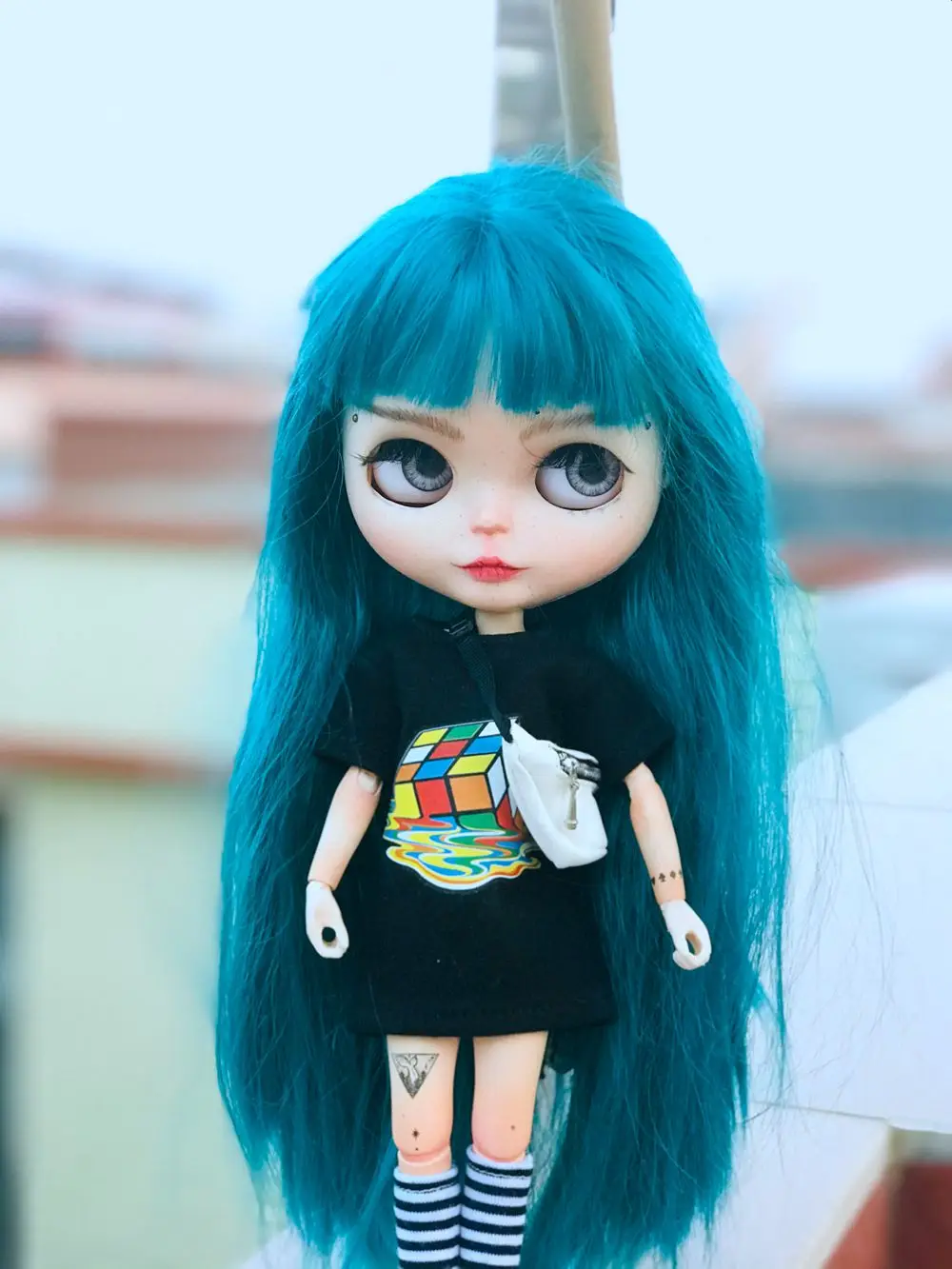 New Cute 2PCS/Lot Long Style Shirt Blyth Clothes Cartoon Printed Short T-shirt+ Stripe Knee High Socks for licca 1/6 Dolls