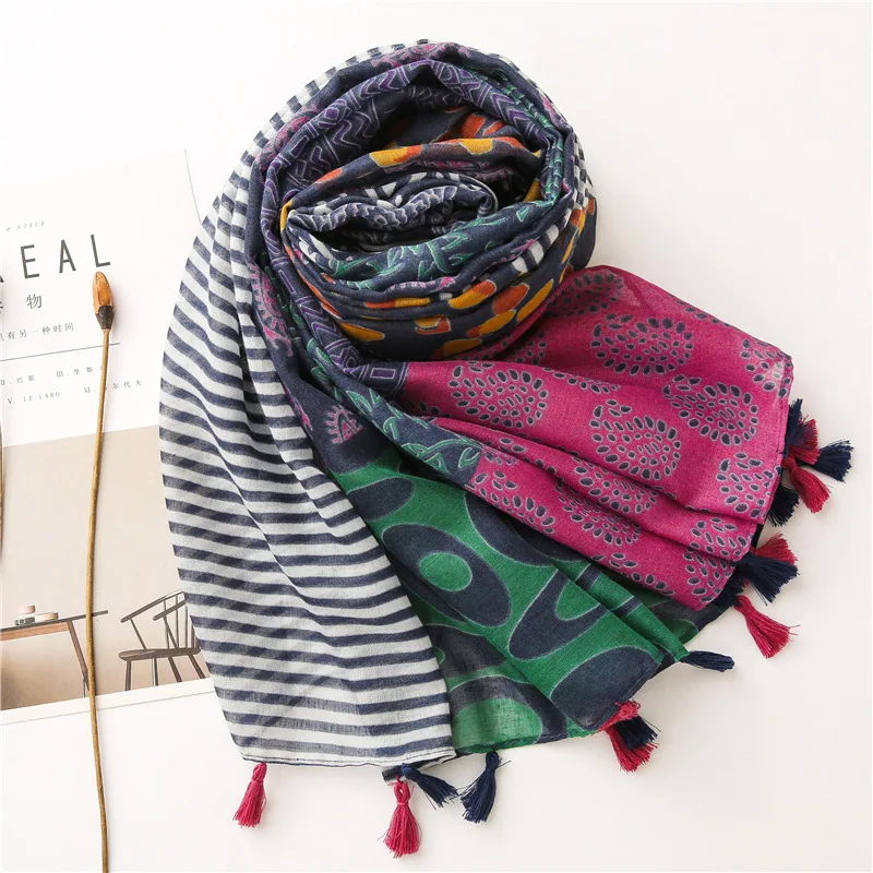 2022 Fashion Design Aztec Floral Patchwork Viscose Shawl Scarf High Quality Neckerchief Autumn Winter Foulard Muslim Hijab Sjaal