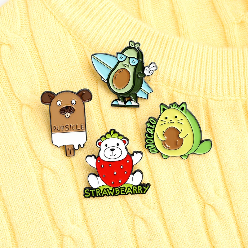 Fruit Enamel Pin Dog Popsicle Avocado Cat Bearberry Plant Brooches Lapel Pin Anime Badge Jewelry Gift for Kids Friends Wholesale