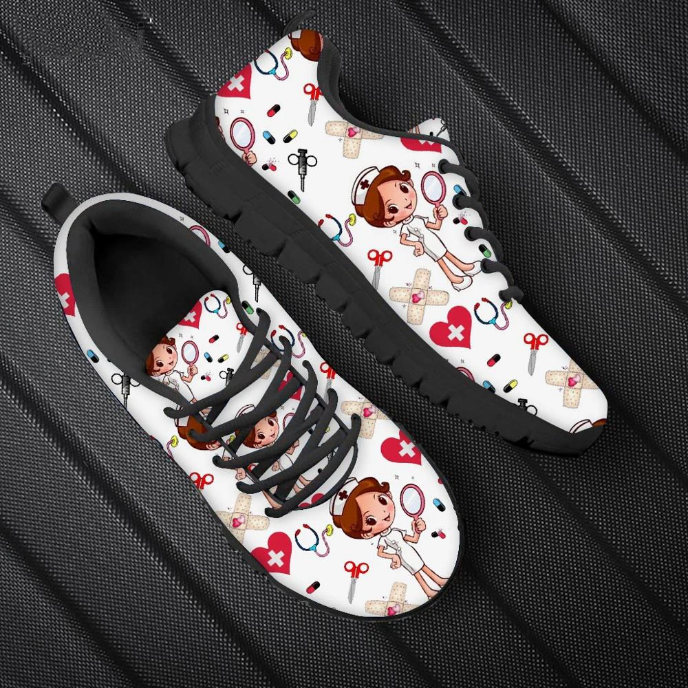 2025 Luxury Nursing Shoes For Women Cartoon Nurse Pattern Woman's Flats Jogging Shoes Breath Lace Up Sneakers White Ladies Shoe