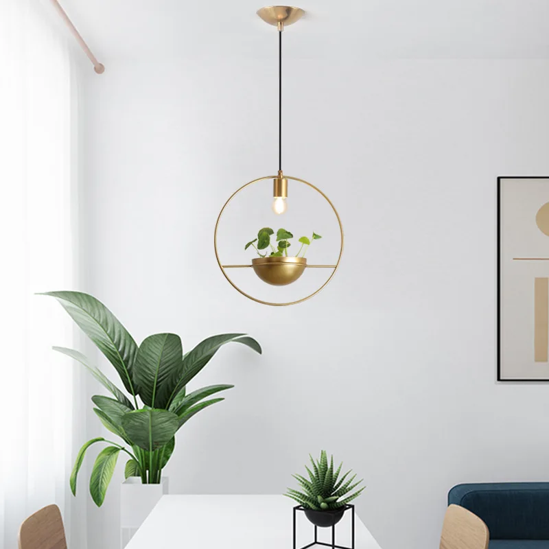 nordic pot culture pendant lamp fixture modern golden metal ring hanging light luminaire lamparas de techo colgante moderna deco