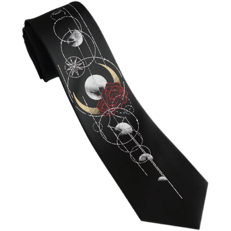 Free Shipping New men\'s Original design female students personality gift necktie [Moon Flower] Hot Silver Black Tie Moon Phase