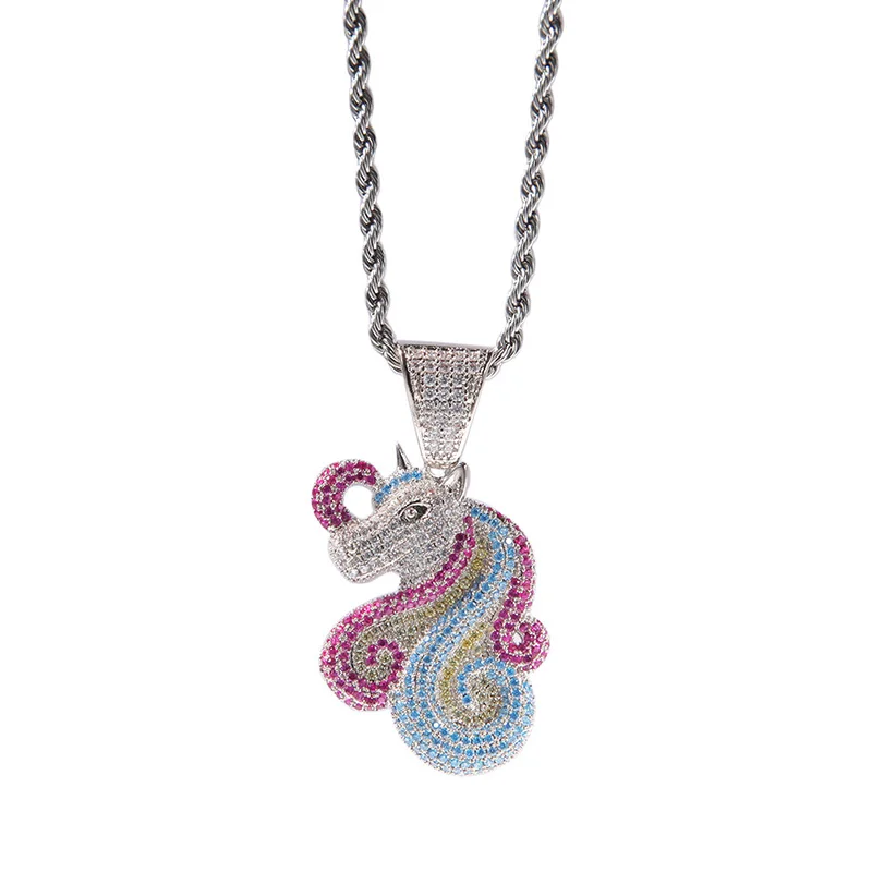 

Hip Hop Micro Paved AAA Cubic Zirconia Bling Ice Out Unicorn Pendants Necklace for Men Women Unisex Rapper Jewelry Drop Shipping