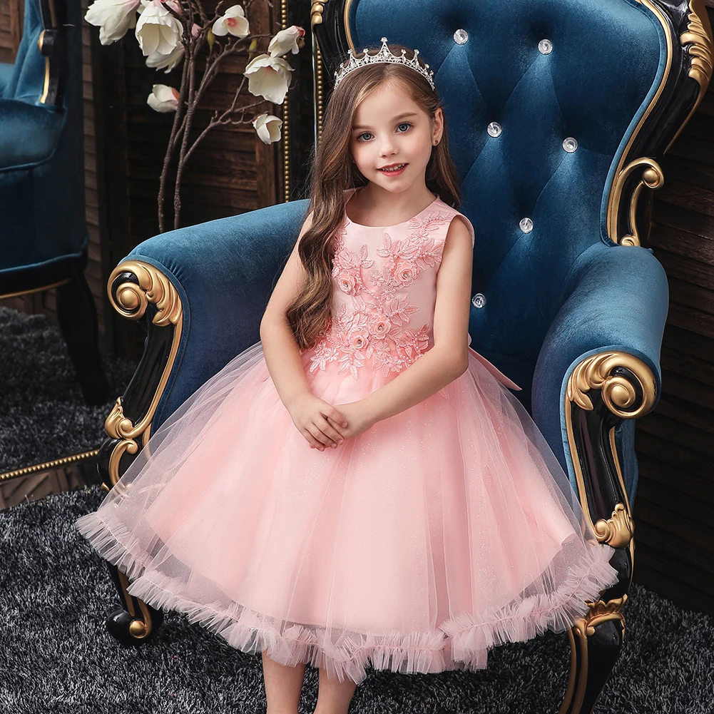 

Pink Knee-Length Tulle Flower Girl Dress For Kids Round Neck Embroidered Child Party Dress For Girl 3-12 Years Old Sleeveless