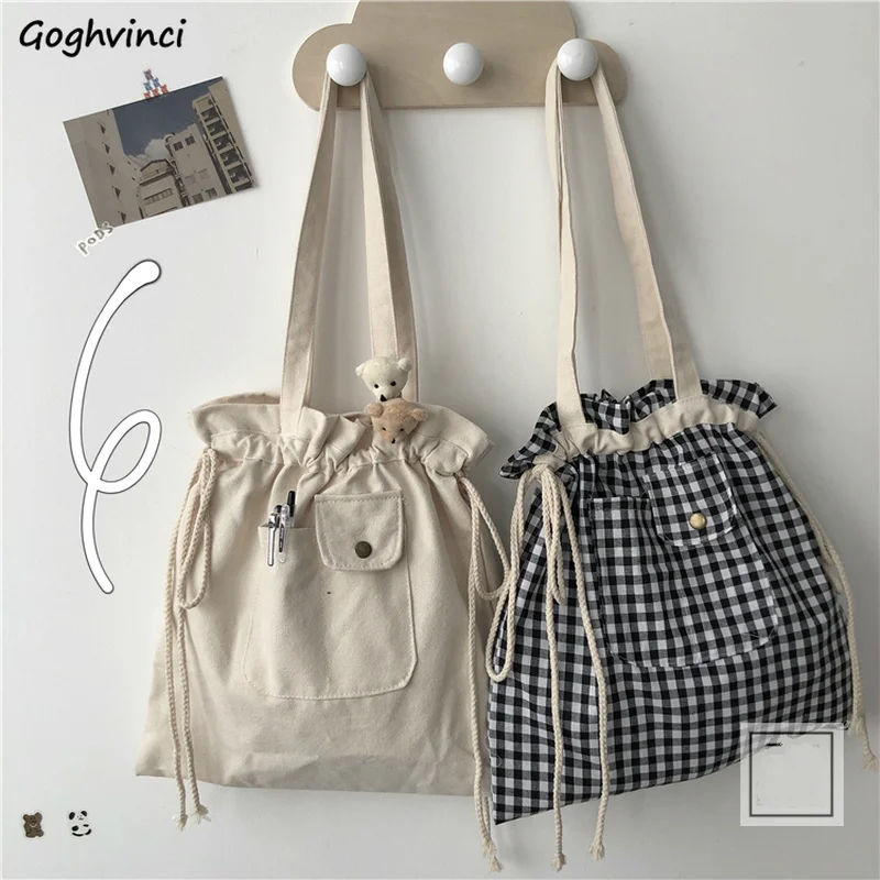 Shopping Bags Women Plaid Drawstring Casual Adjustable Large Capacity Ins Cute Students Shopper Canvas Bag Simple Korean Style