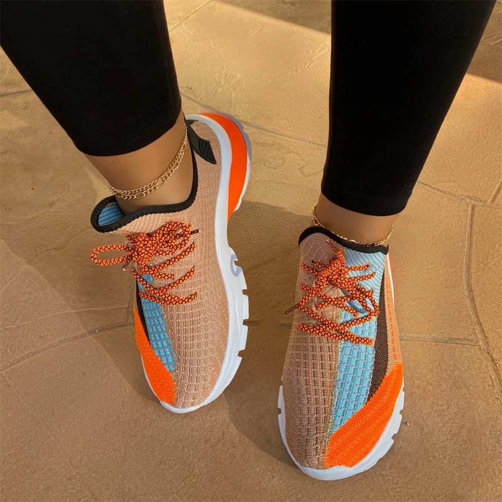 Woman Sneakers Trends 2024 Spring Mix Color Knitted Fabric Sport Shoes 35-43 Large-Sized Flats Female Shoes