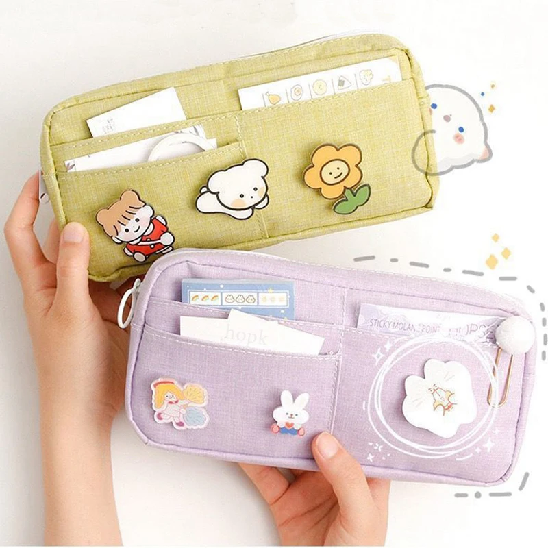 Kawaii Purple Canvas Pencil Case Cute Animal Badge Pink Pencilcases Large School Pencil Bags for Maiden Girl Stationery Supplies