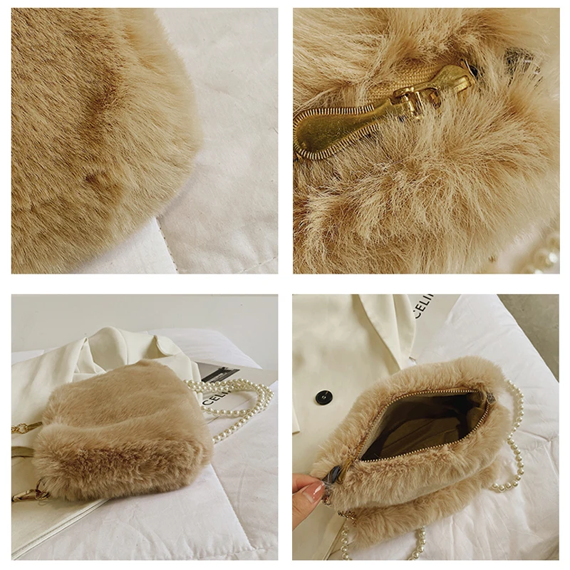 Soft Fluffy Bags Solid Furry Luxury Designer Handbag Fur Shoulders Bags Plush Tote Bags Pearl Chain Bag For Women 2021 New Sac