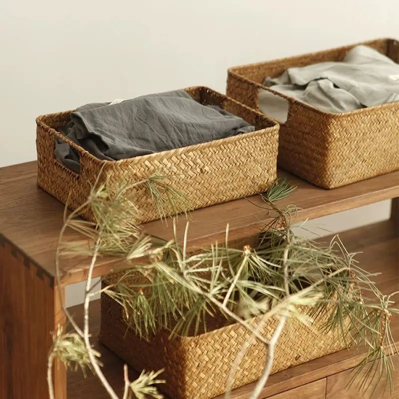 

LuanQI Hand-Woven Rectangular Rattan Wicker Storage Basket Fruit Tea Snack Bread Picnic Basket Cosmetic Storage Box Houseware